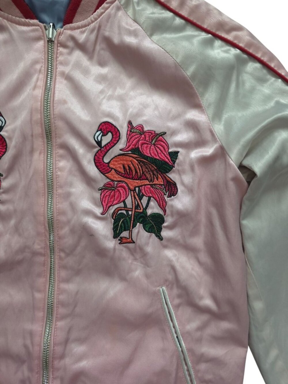 Guess Shirley Reversible Embroidered Tiger & Flamingo Satin Bomber Jacket Sz M - Picture 7 of 14